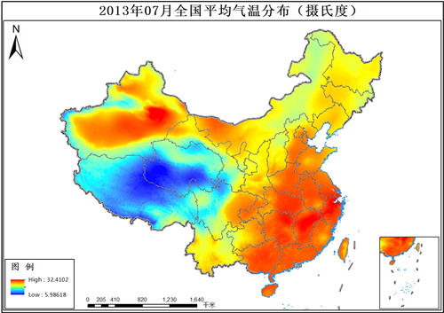 2013年07月全国平均气温分布数据