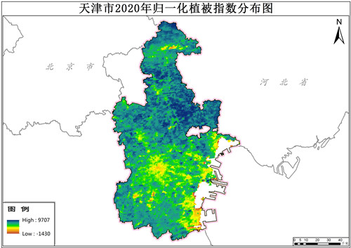 天津市2020年归一化植被指数NDVI分布数据